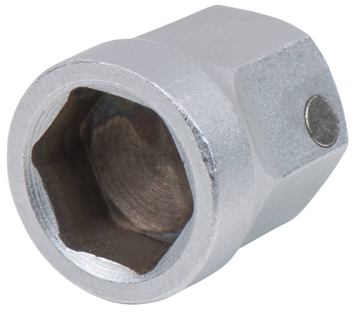 Ein silberner Sechskant-Schraubenschlüsselaufsatz, zeigt die innere sechskantige Form für das Festziehen von Schrauben.