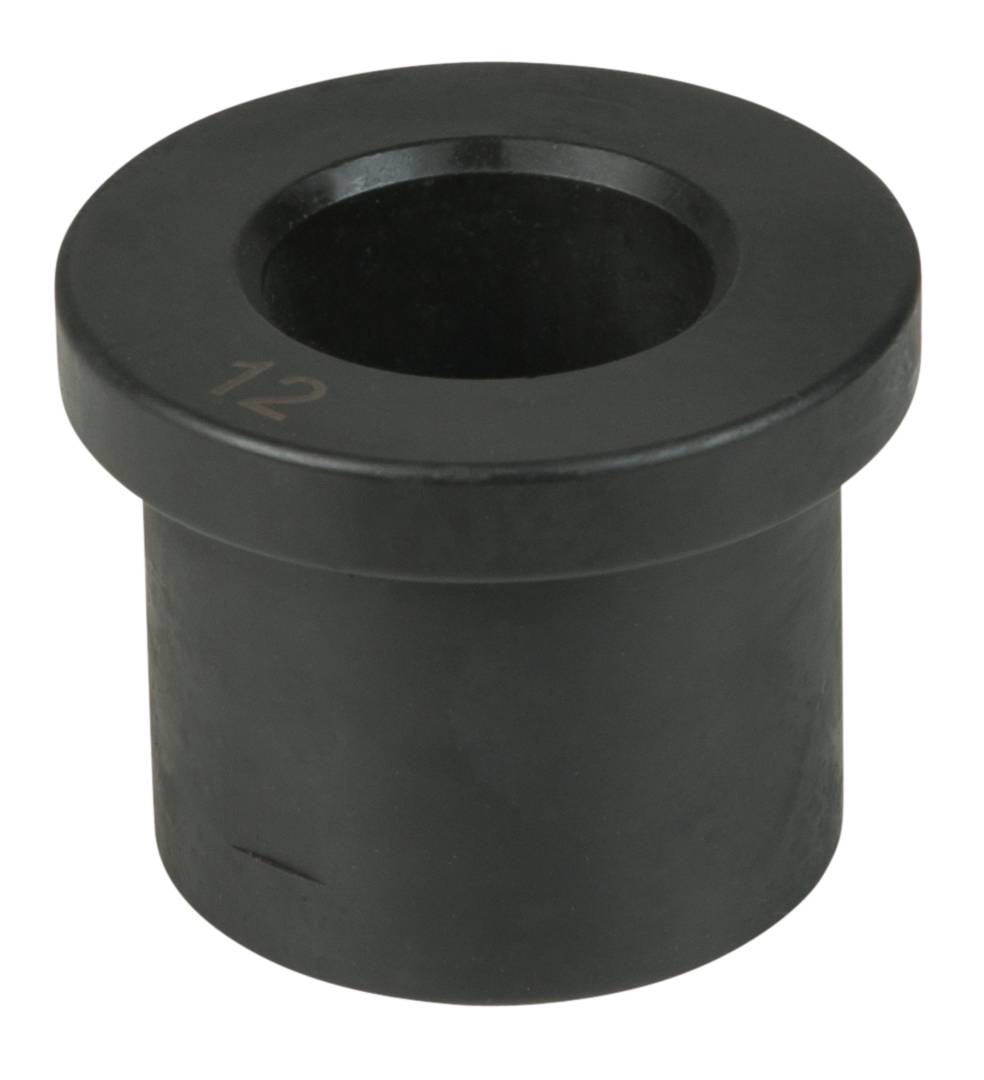 Schwarzes, zylindrisches Bauteil mit breitem Rand und mittigem Loch, möglicherweise Teil einer mechanischen Vorrichtung.