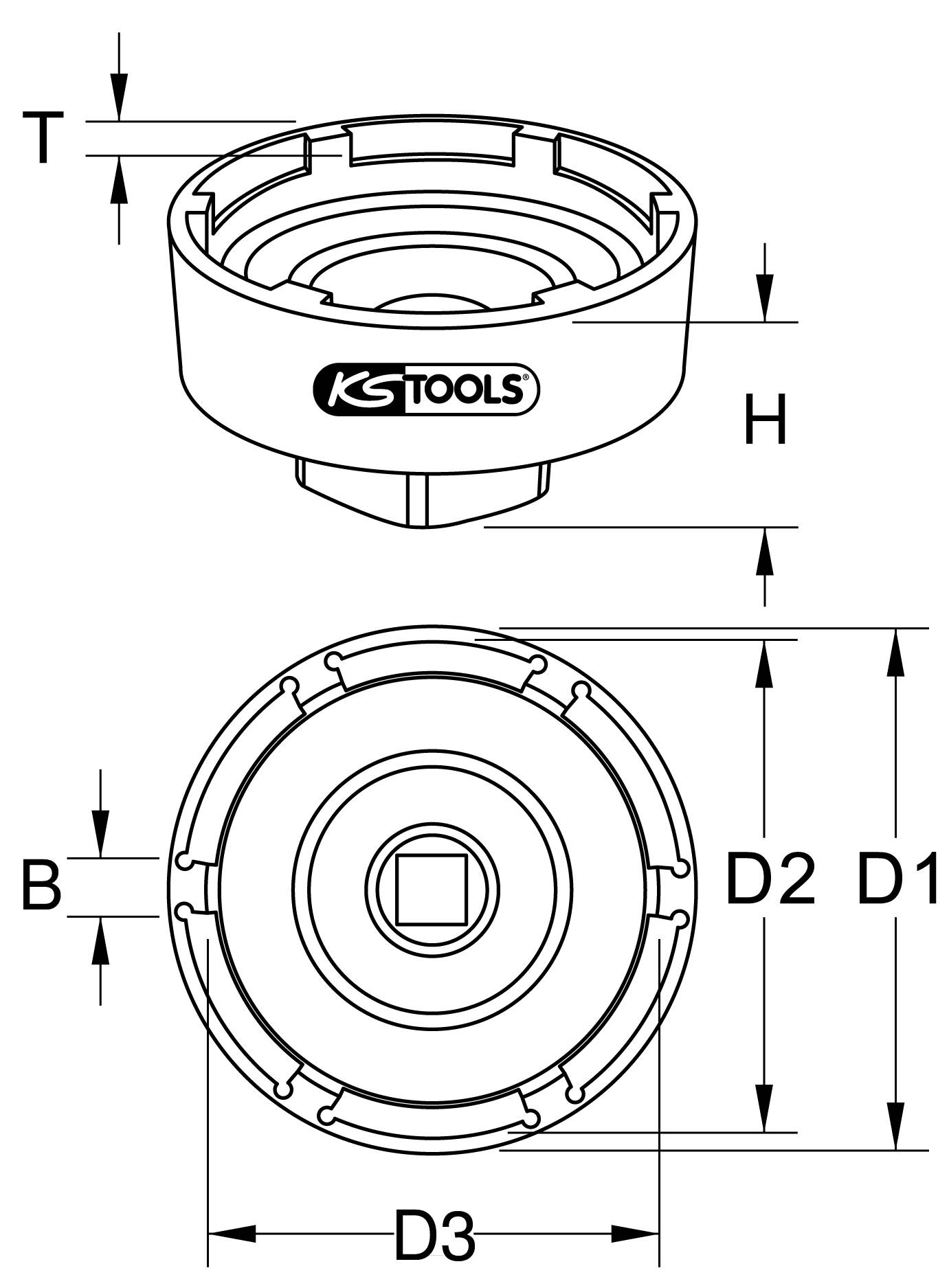Technische Zeichnung eines KS Tools Steckschlüssels mit Maßen: Höhe (H), Durchmesser (D1, D2, D3) und Tiefe (T), zeigt Bauweise.