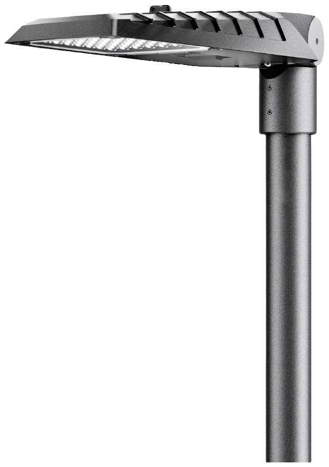Eine moderne, schlanke Straßenlaterne mit einem rechteckigen LED-Lampenkopf, montiert auf einem robusten, zylindrischen Stangenmast.
