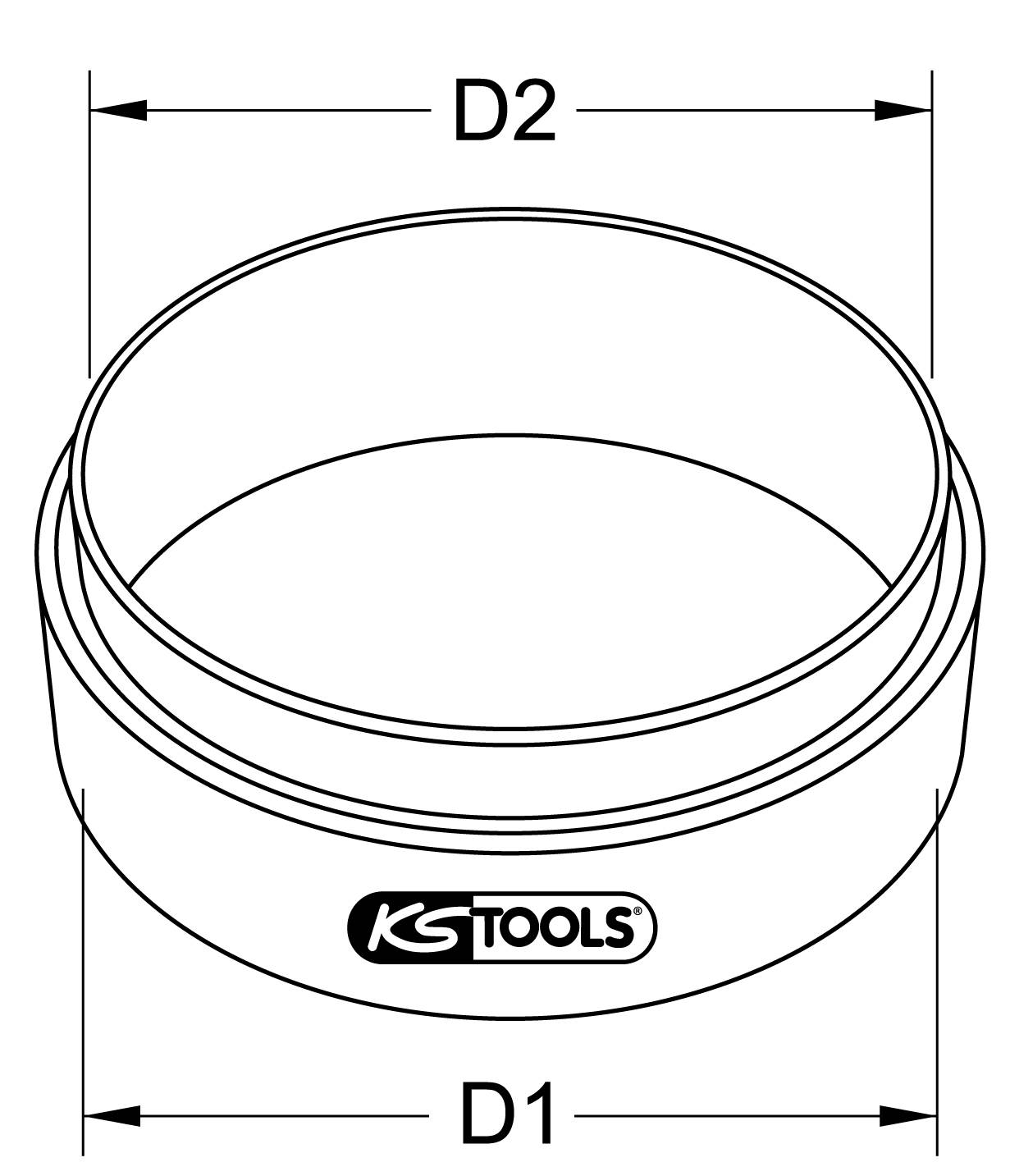 Technische Zeichnung eines runden Werkzeugs mit zwei Durchmessern, D1 und D2, von 'KS Tools'.
