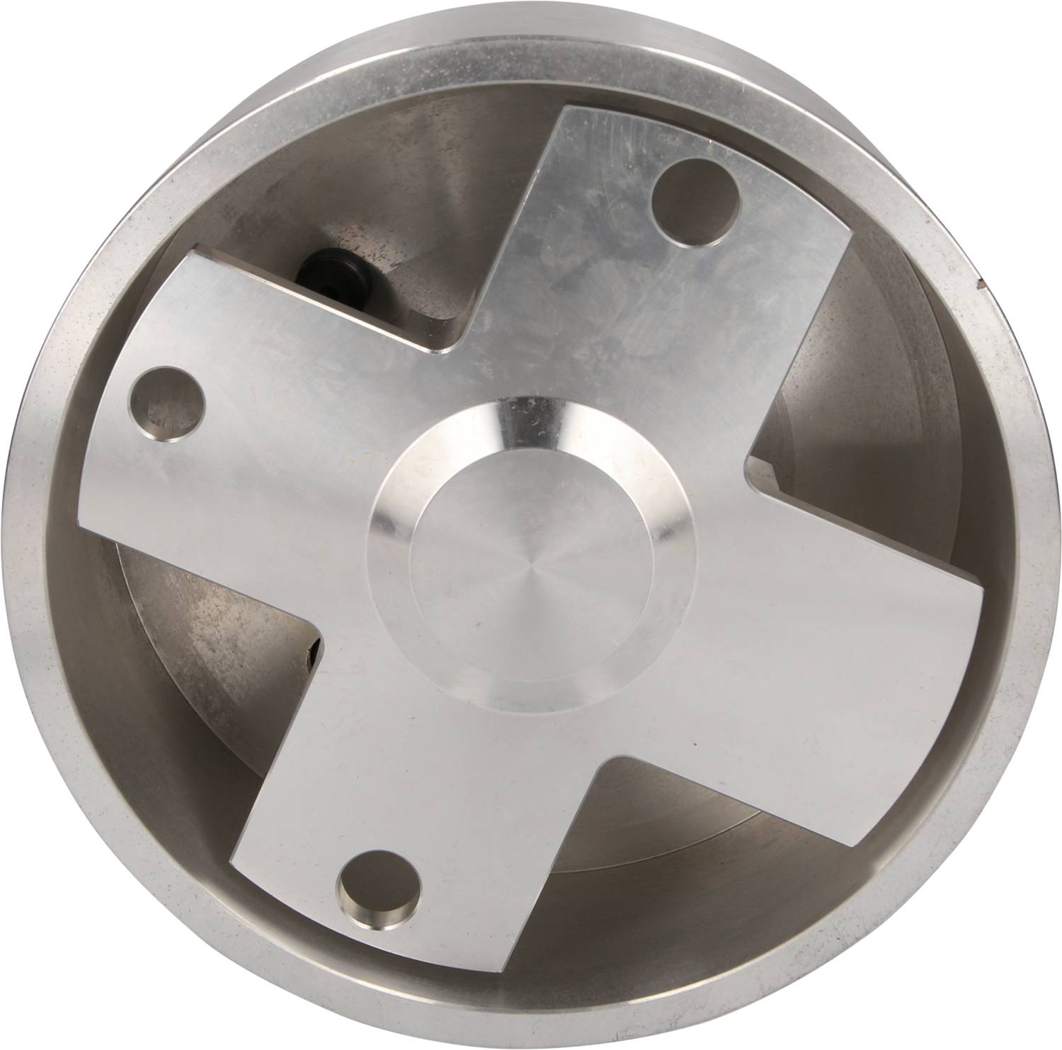 Ein kreisförmiges metallisches Bauteil mit einem markanten kreuzförmigen Element in der Mitte. Geeignet für mechanische Anwendungen.