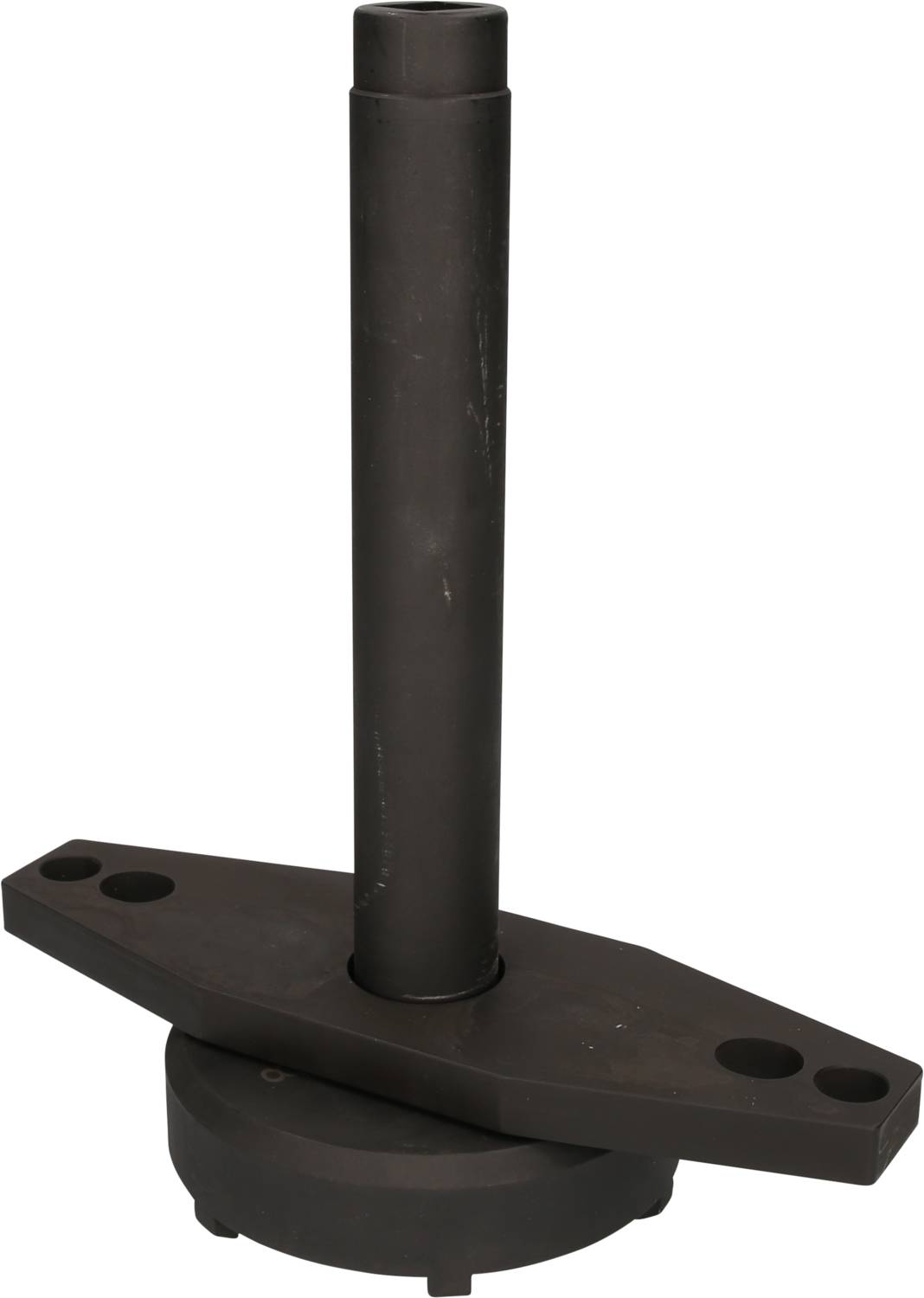 Schwarzes, zylinderförmiges Objekt mit einer breiten Basis und einer vertikalen Stange in der Mitte, scheint ein technisches Bauteil zu sein.