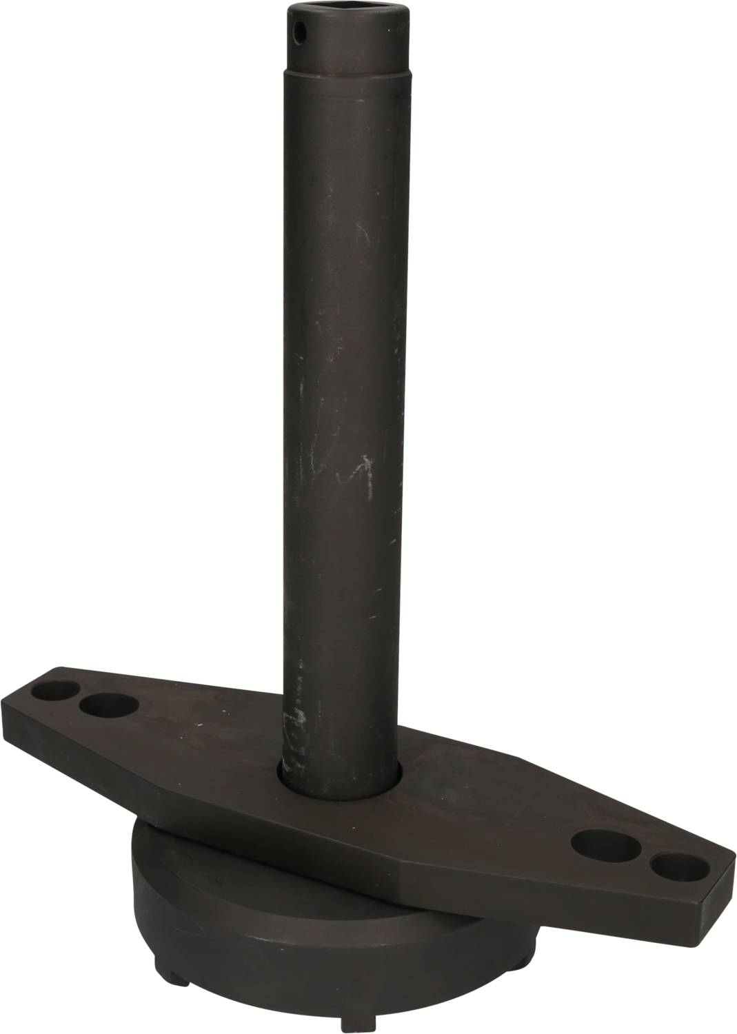 Ein schwarzes, metallisches Werkzeug mit zylindrischem Griff und rechteckiger Basis, vermutlich für technische oder mechanische Anwendungen.