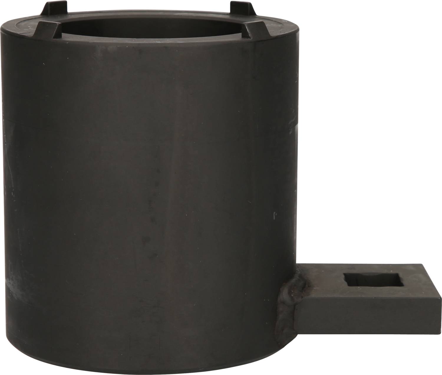 Ein schwarzes, zylindrisches Metallteil mit einer rechteckigen Verlängerung an der Basis.