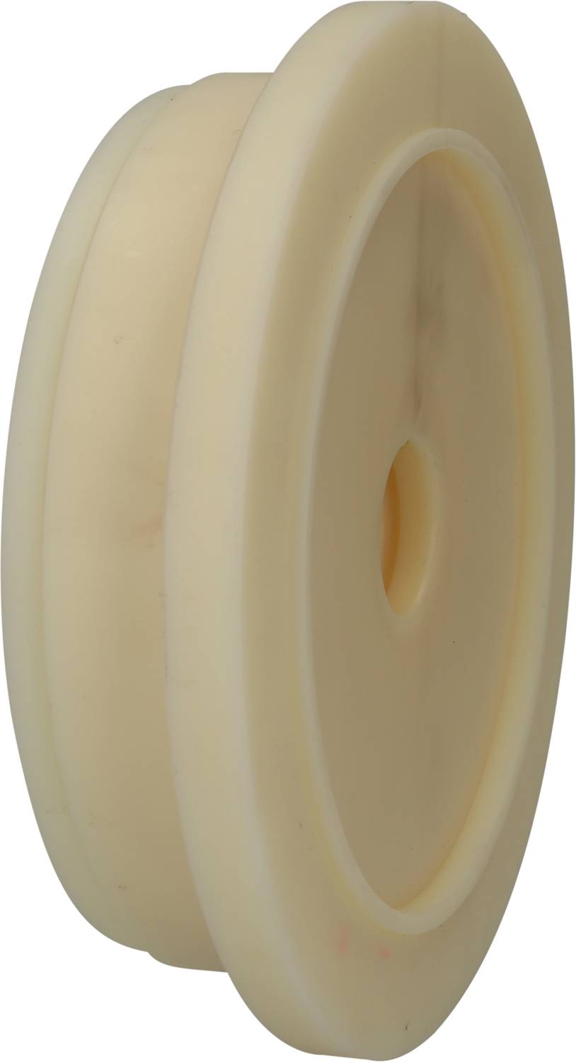 Eine runde, elfenbeinfarbene Kunststoffscheibe mit zentralem Loch und doppeltem Rand, vermutlich ein Riemenrad oder eine Rolle.