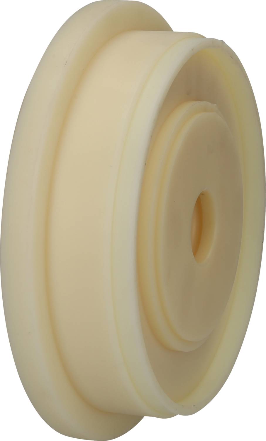 Kunststoffrolle, cremefarben, mit mittigem Loch, Seitenansicht. Geeignet für Anwendungen im Maschinenbau oder als Ersatzteil für Rollen.