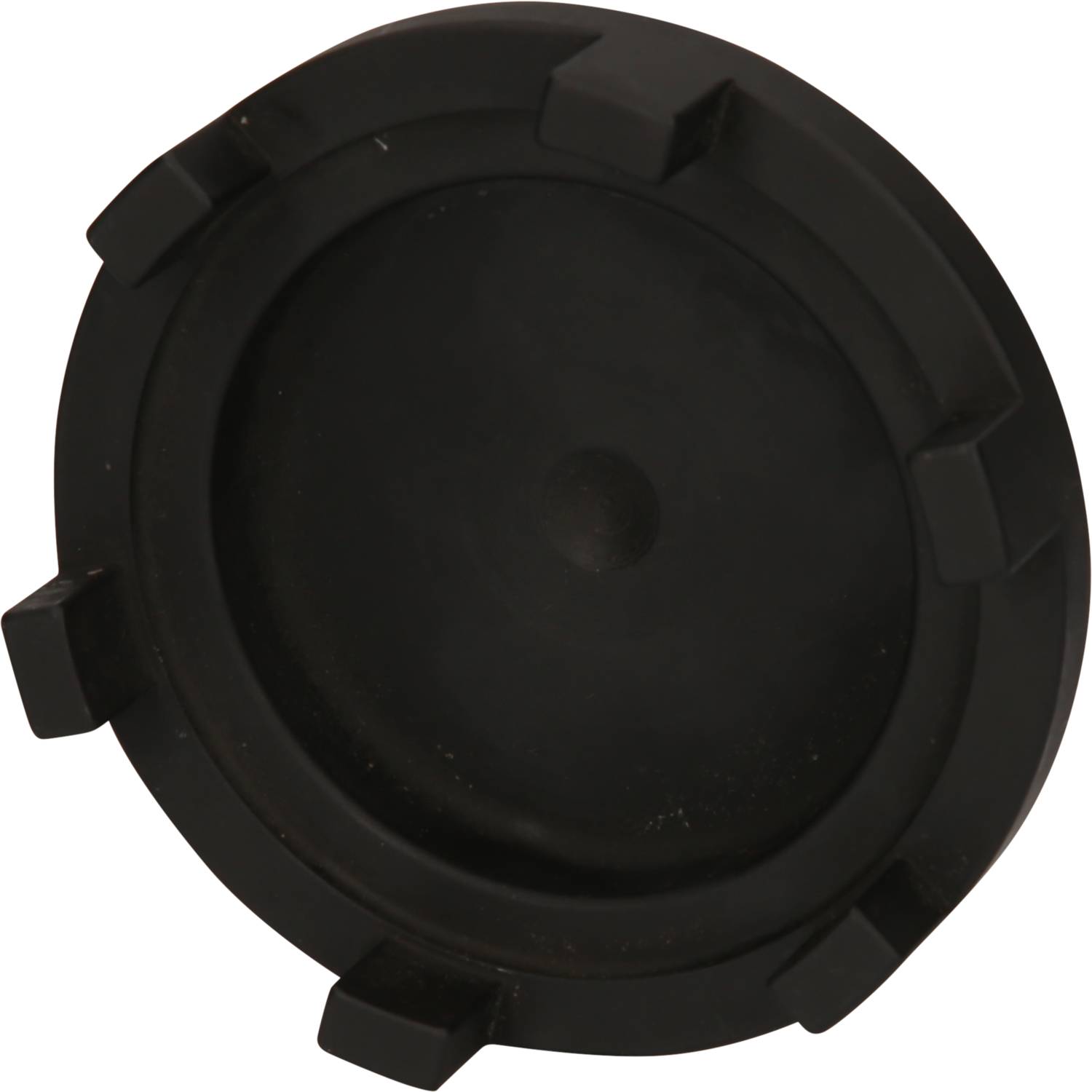 Schwarzer, runder Gummifuß oder Stützfuß, wahrscheinlich Teil eines Möbelstücks oder Geräts zur Stabilisierung.