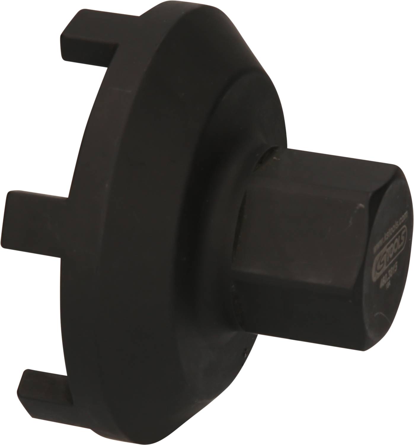 Schwarzes, zylinderförmiges Werkzeug mit vier abstehenden Zapfen, vermutlich für das Festziehen oder Lösen von speziellen Muttern.