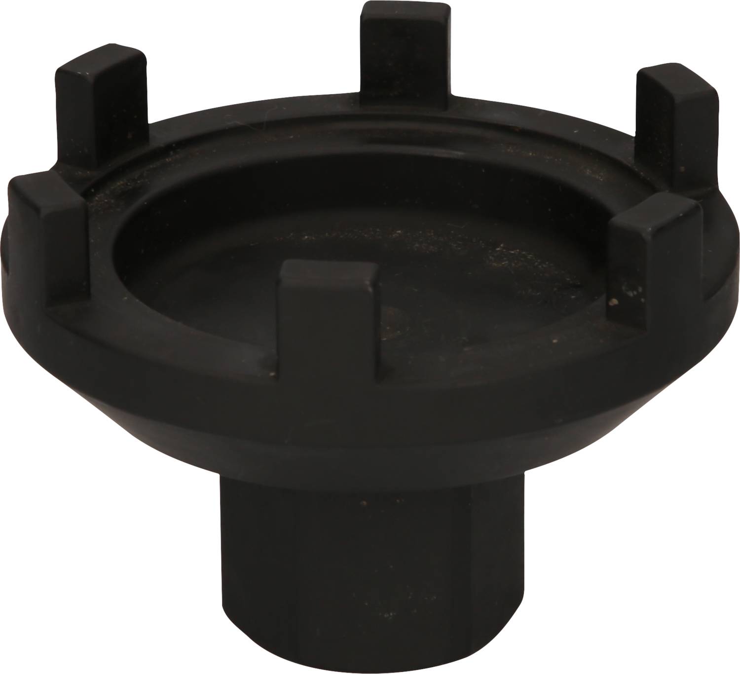 Ein schwarzes, rundes Metallwerkzeug mit erhabenen Vorsprüngen. Es dient zum Befestigen oder Lösen spezialisierter Schrauben.