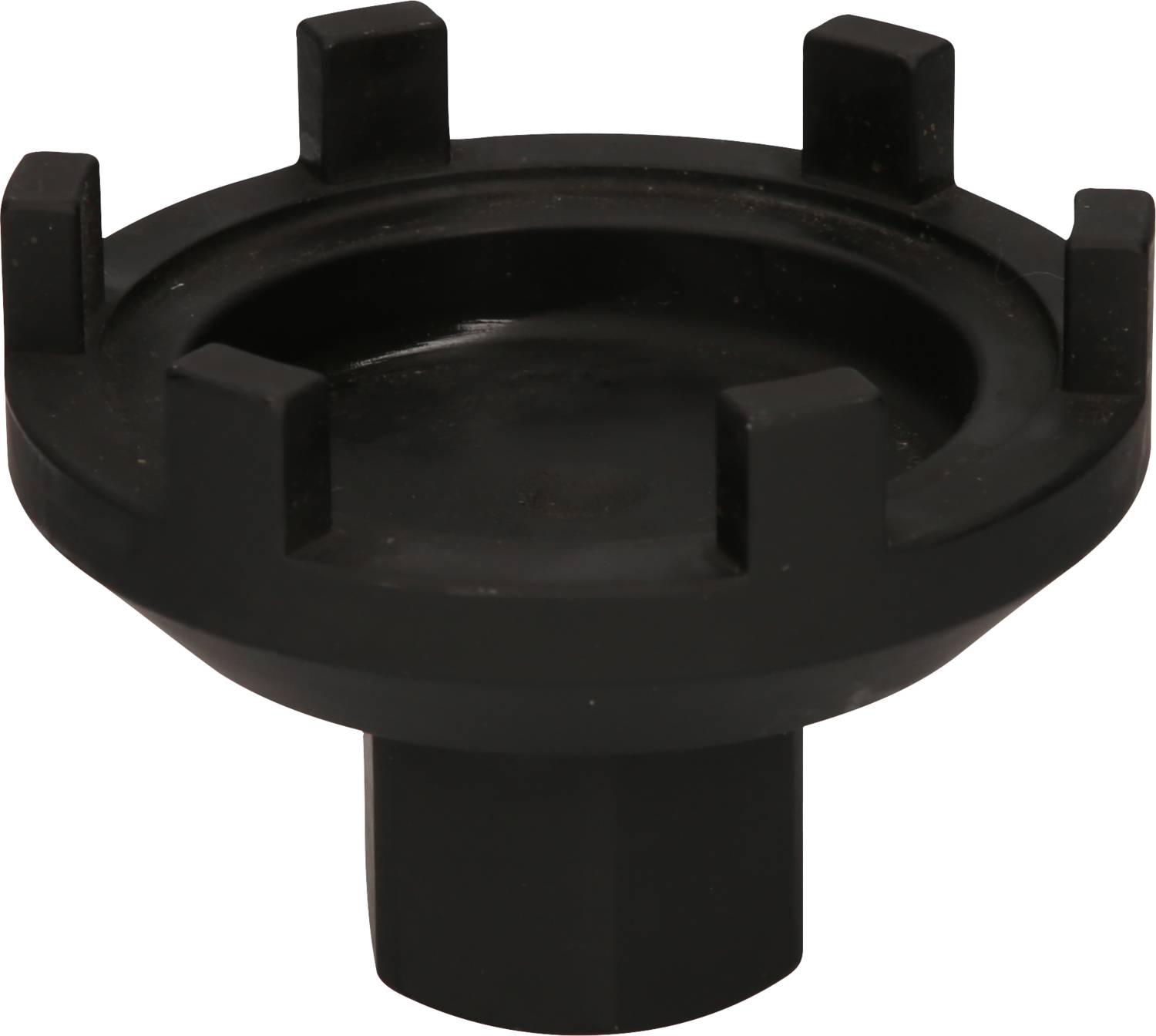 Schwarzes Werkzeug aus Metall mit runder Basis und sechs rechteckigen Zinken, vermutlich ein Spezialschlüssel oder Adapter.
