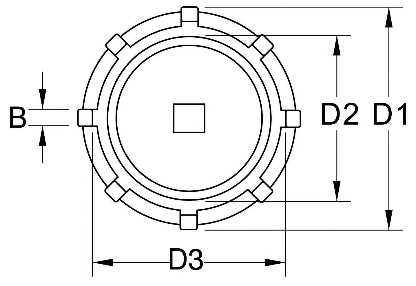 Technische Zeichnung einer zylindrischen Komponente mit Maßen B, D1, D2 und D3, die verschiedene Durchmesser und Breiten angeben.