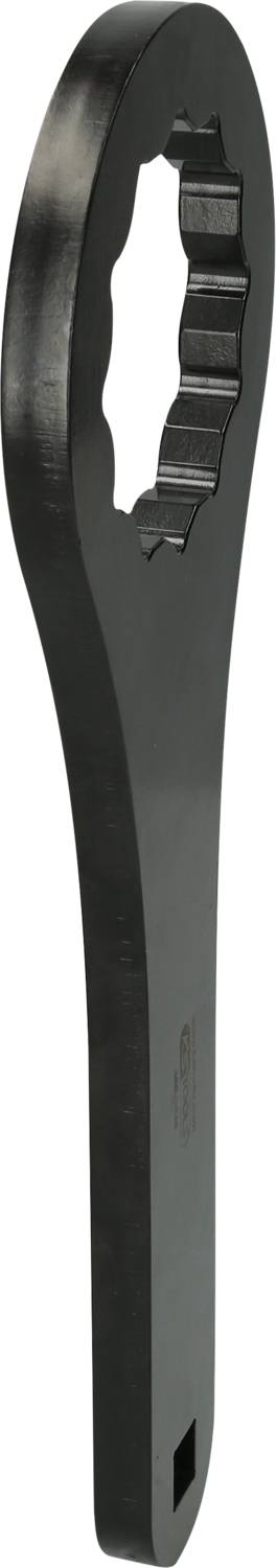 Schwarzer Ringschlüssel mit gezahnter Innenseite, verwendet zum Festziehen oder Lösen von Schrauben und Muttern in der Mechanik.