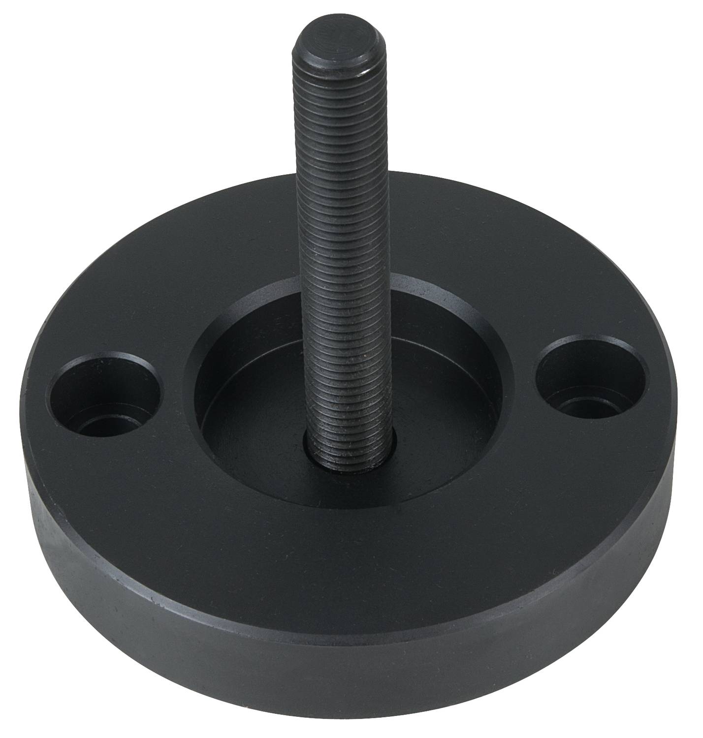 Ein schwarzes, rundes Metallteil mit einer zentralen, aufrechten Gewindeschraube und zwei Löchern zur Befestigung.