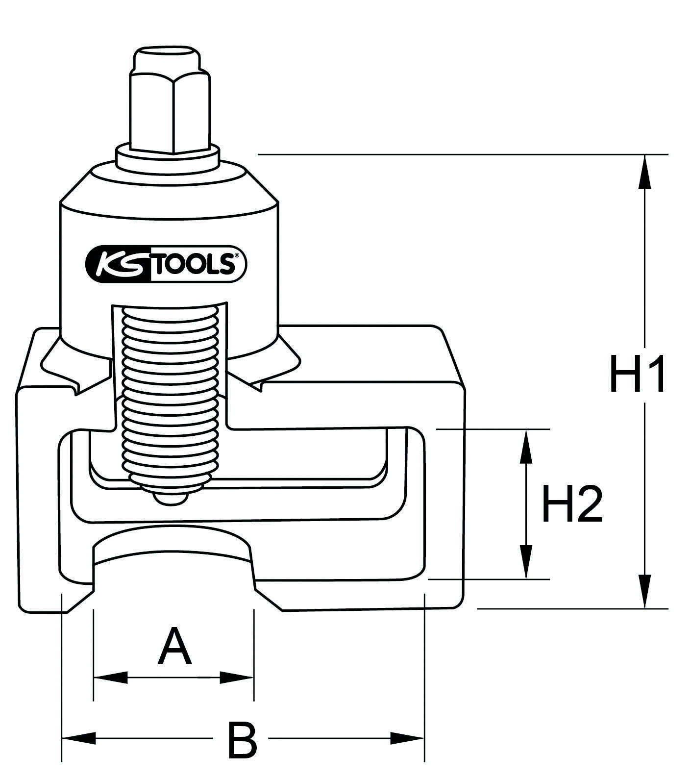 Technische Zeichnung eines KS Tools Abziehers mit Beschriftungen: Höhe H1 und H2, Breiten A und B. Verwendet zur Teilemontage.