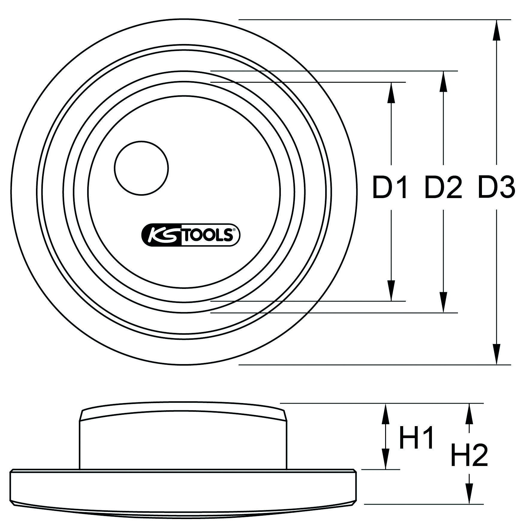 Technische Zeichnung eines Messgeräts von KS Tools mit den Maßen D1, D2, D3 für Durchmesser und H1, H2 für Höhe.