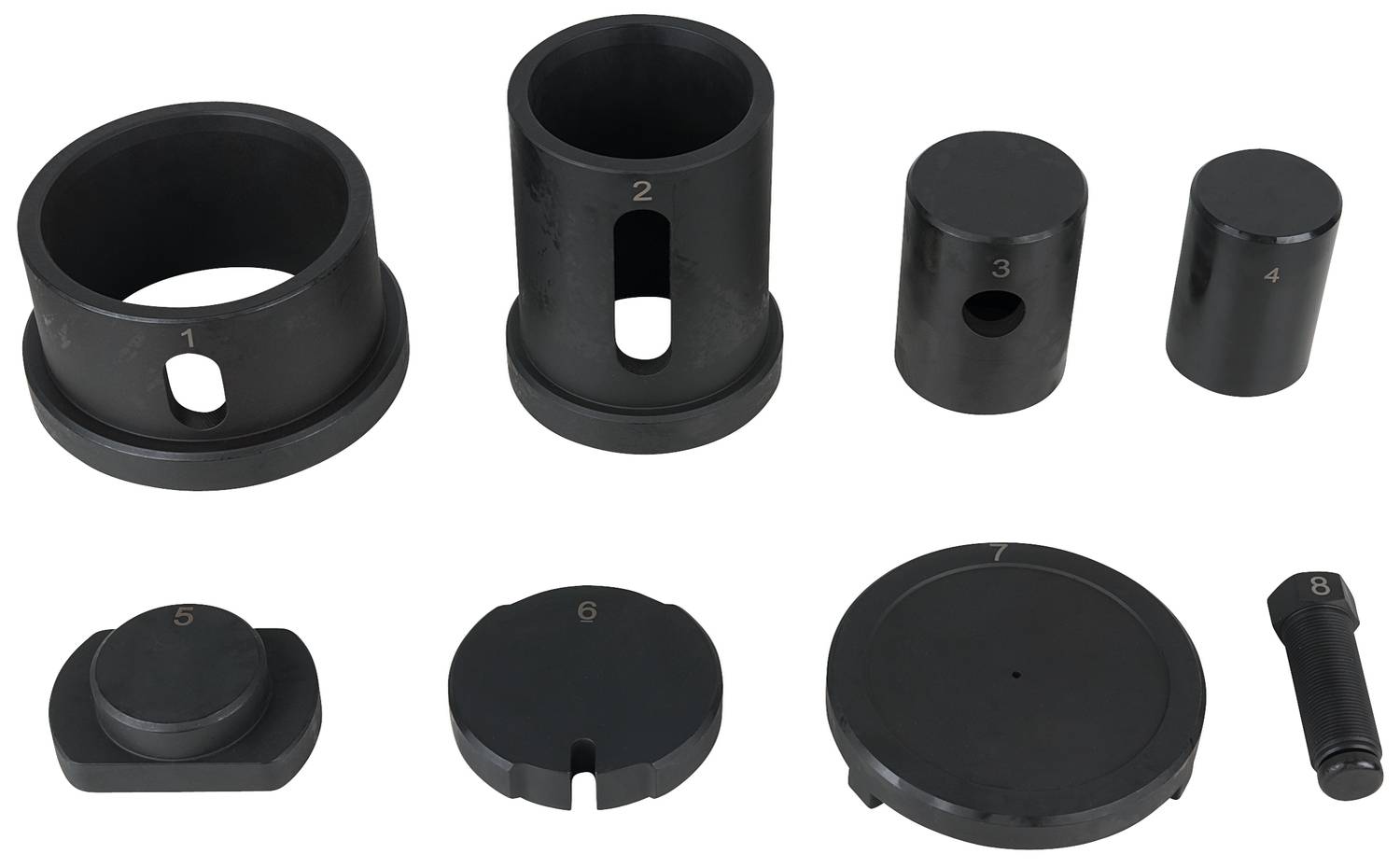 Acht verschiedene schwarze Metallwerkzeuge in unterschiedlichen Formen und Größen, nummeriert von 1 bis 8, nebeneinander angeordnet.