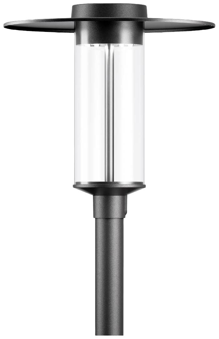 Eine moderne Außenleuchte mit schwarzem, zylindrischem Design und klarem Glaskörper, geeignet für Garten- oder Wegbeleuchtung.