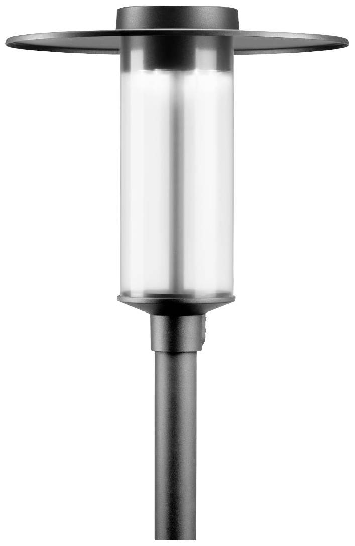 Eine moderne, zylindrische Gartenlampe aus Metall mit einem breiten, flachen Schirm, steht aufrecht. Ideal für Außenbereiche.