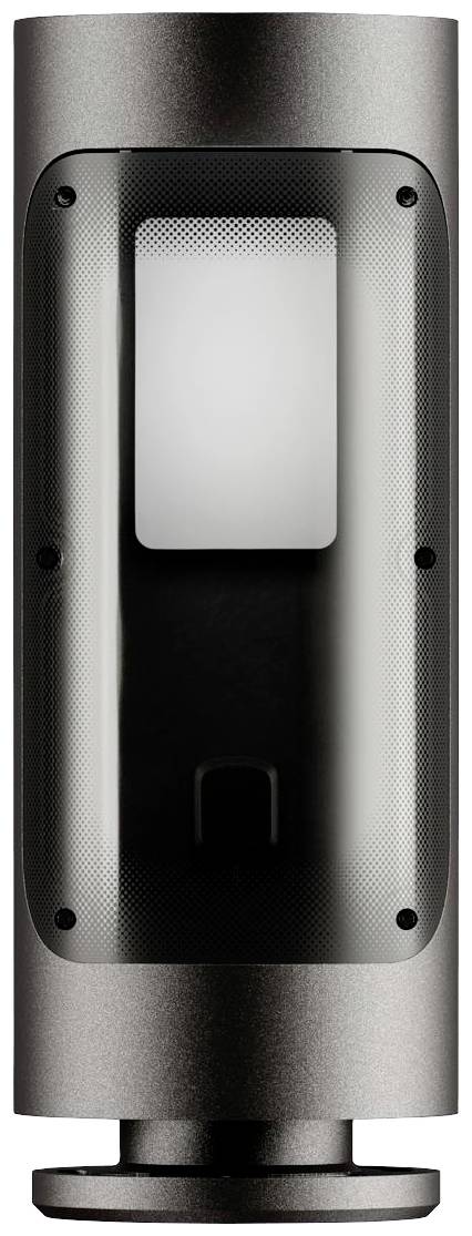 Eine moderne, zylindrische Außenleuchte in Silber mit integriertem Bewegungsmelder, geeignet zur Beleuchtung von Gebäudeeingängen.