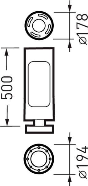 Technische Zeichnung eines Bauteils mit Maßen: Höhe 500 mm, oberer Durchmesser 178 mm, unterer Durchmesser 194 mm.