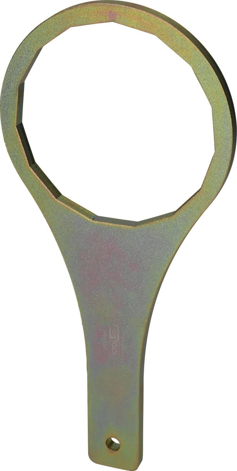 Metallschlüssel in Ringform mit Griff, verwendet für Reparaturen oder Montagearbeiten, speziell zum Anziehen oder Lösen von Muttern.