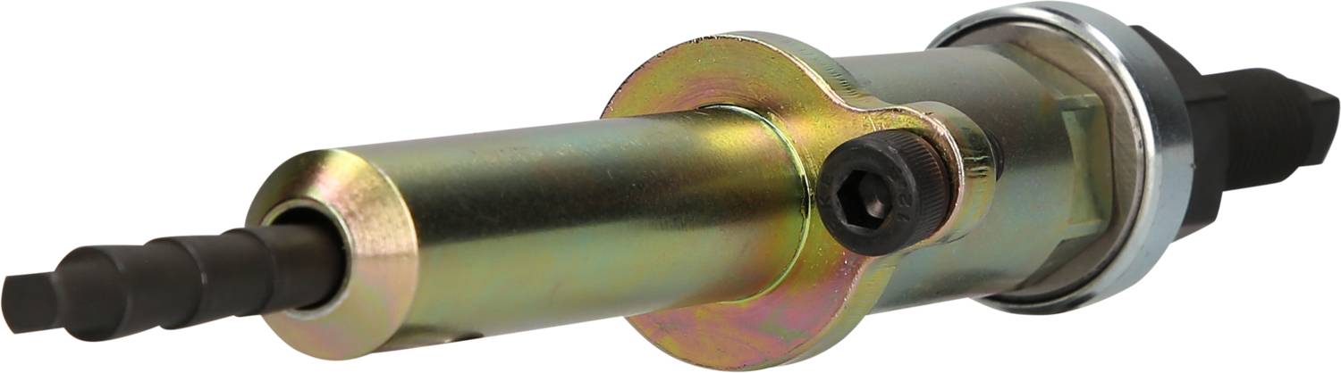Metallischer Kolben, wahrscheinlich ein hydraulisches oder pneumatisches Bauteil, mit schwarzem Schaft und sichtbarer Schraubverbindung.