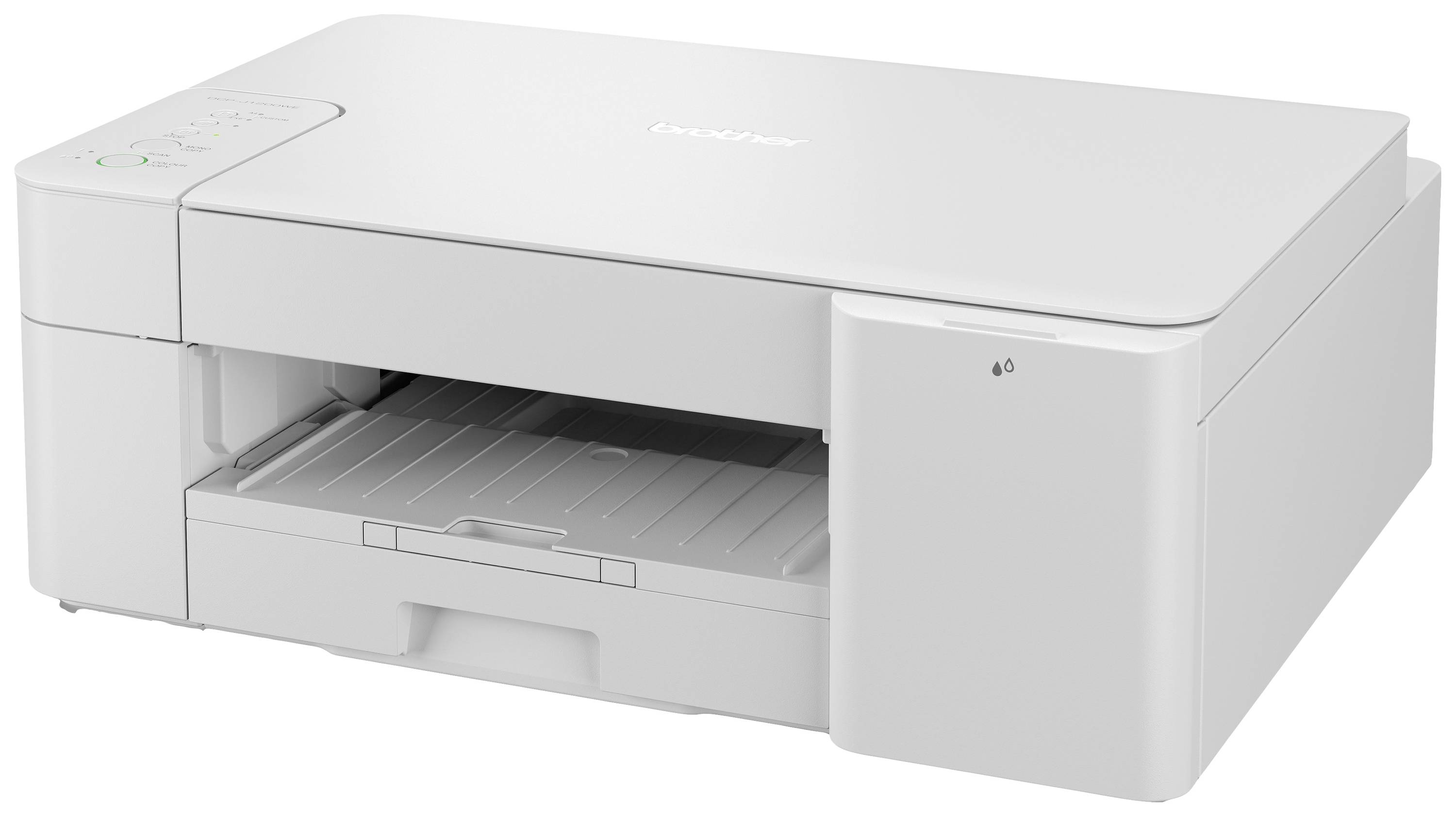 Ein weißer Tintenstrahldrucker einer bekannten Marke, geeignet für Heim- und Büroanwendungen. Blick von vorne rechts.