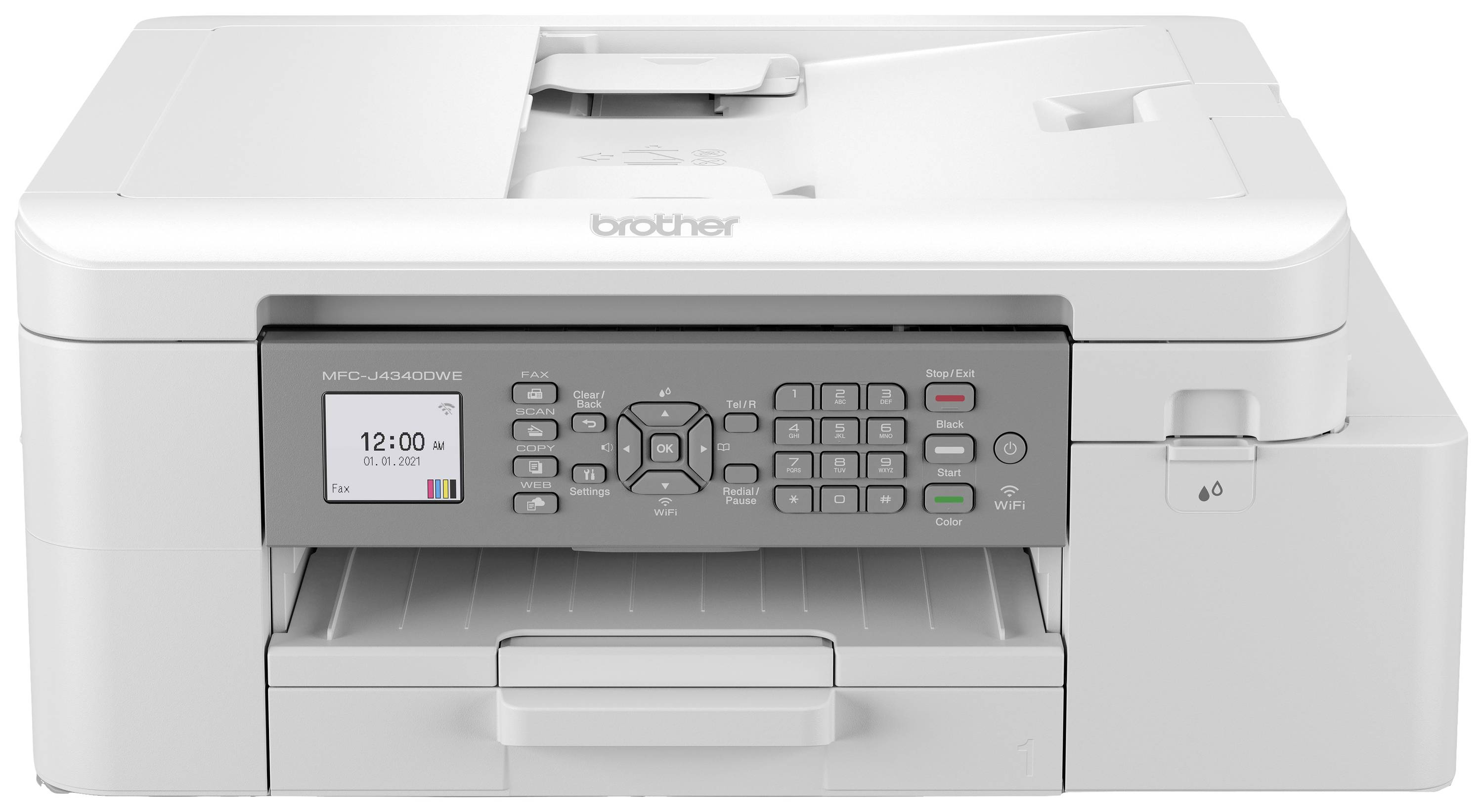 Ein weißer Multifunktionsdrucker mit Digitalanzeige und zahlreichen Bedientasten. Oben links wird die Uhrzeit '12:00' angezeigt.
