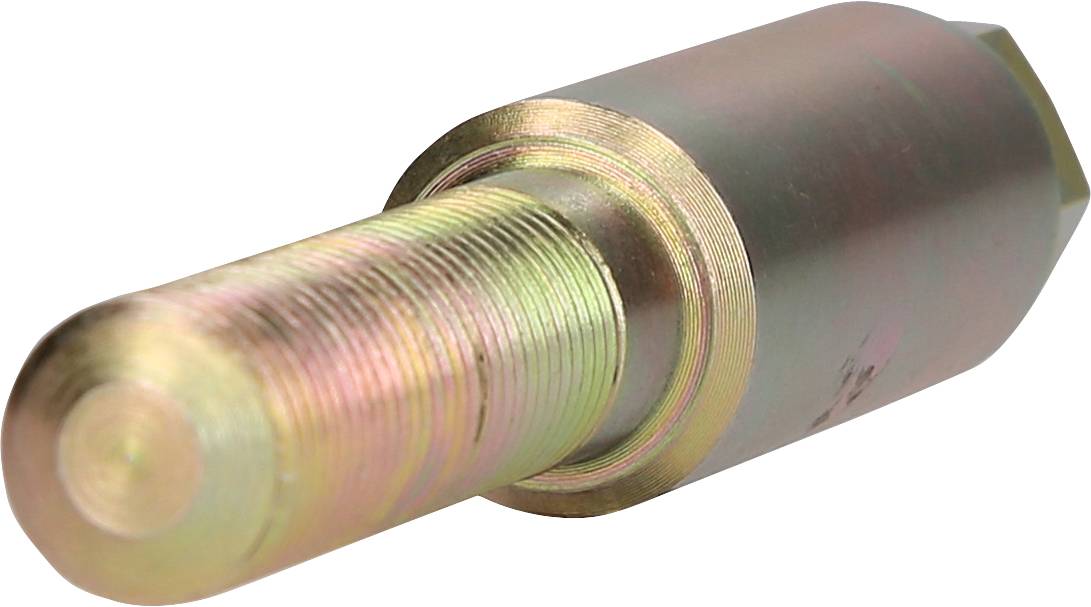 Metallisch glänzender Bolzen mit Gewinde, zylindrisches Design und abgerundeter Spitze. Mechanisches Bauteil für Befestigungen.