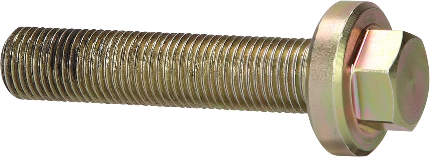 Ein goldfarbener Gewindebolzen mit Sechskantkopf und Unterlegscheibe.
