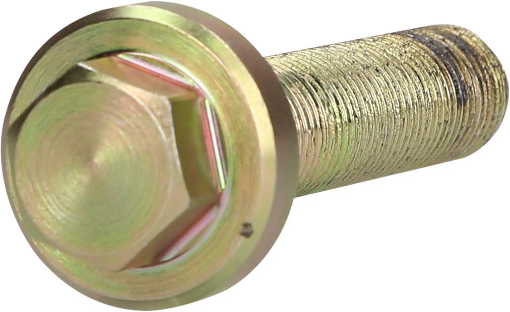 Eine goldene Sechskant-Schraube mit Unterlegscheibe, detailreich gezeigt, vermutlich aus Metall, auf weißem Hintergrund.