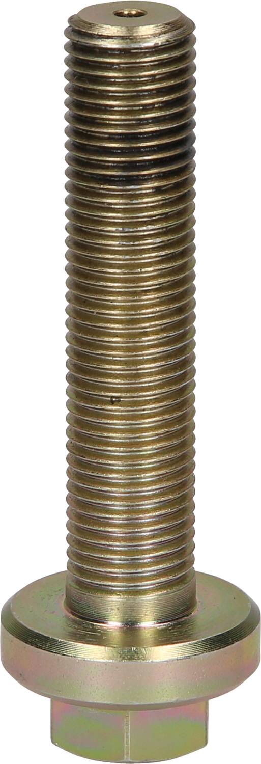 Ein einzelner, metallischer Schraubbolzen mit sechseckigem Kopf und Gewinde, vertikal stehend.