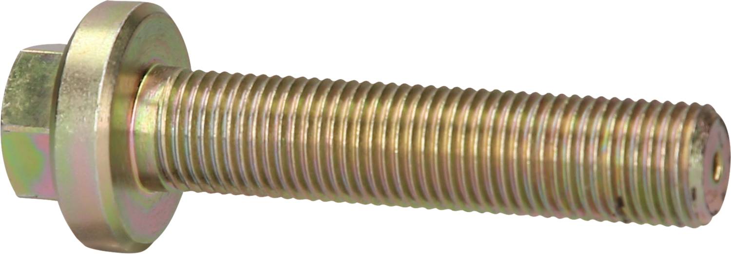 Ein sechskantiger Metallschraubenbolzen mit Gewinde und Flansch, der auf einem neutralen Hintergrund liegt.
