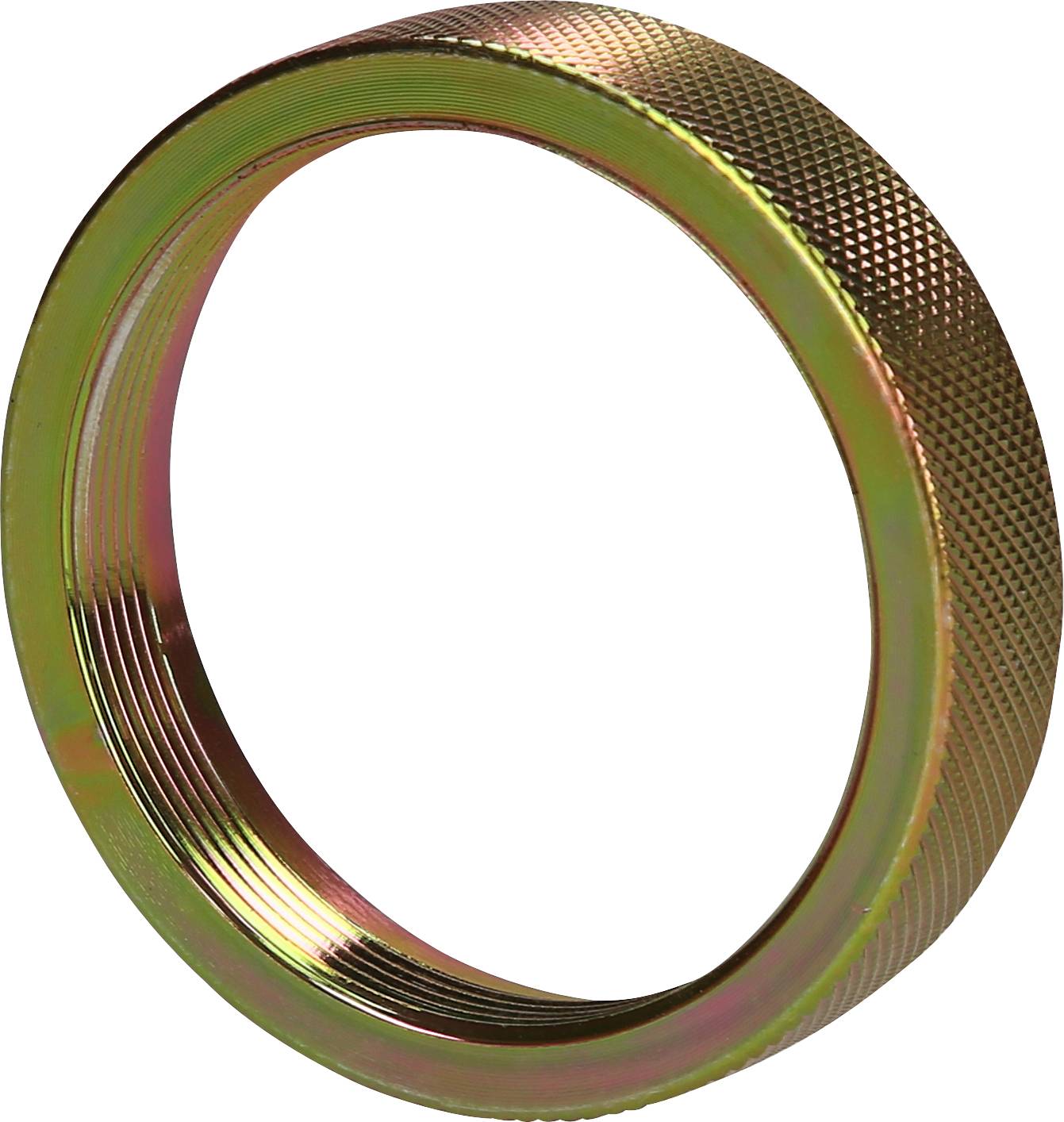 Rundes Metallteil mit gerillter Oberfläche, ähnlich einem großen Ring. Es könnte ein Teil eines mechanischen Geräts oder Werkzeugs sein.