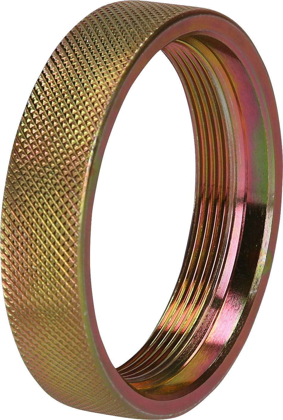 Metallgewinde mit goldener Oberfläche und geriffelter Struktur zur Verbesserung des Grips. Verwendet in mechanischen Anwendungen.