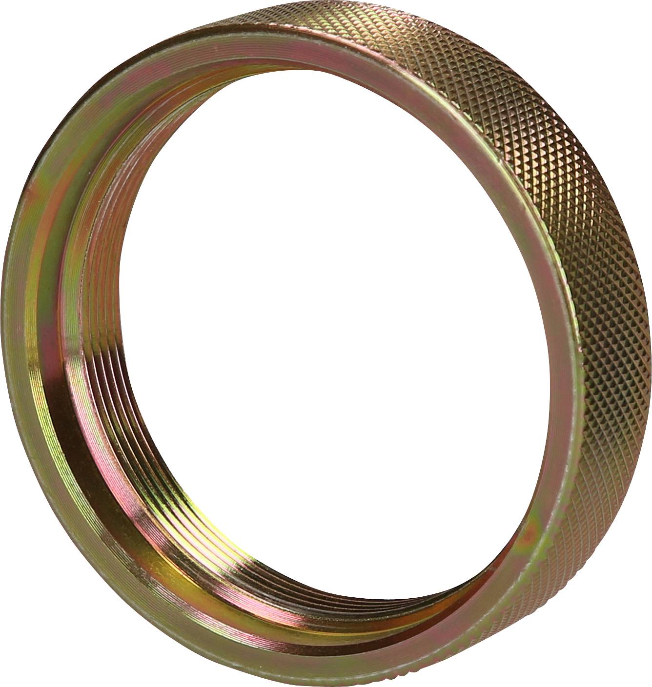 Ein goldfarbener, kreisförmiger Metallring mit gerändelter Oberfläche zur Verbesserung der Griffigkeit.
