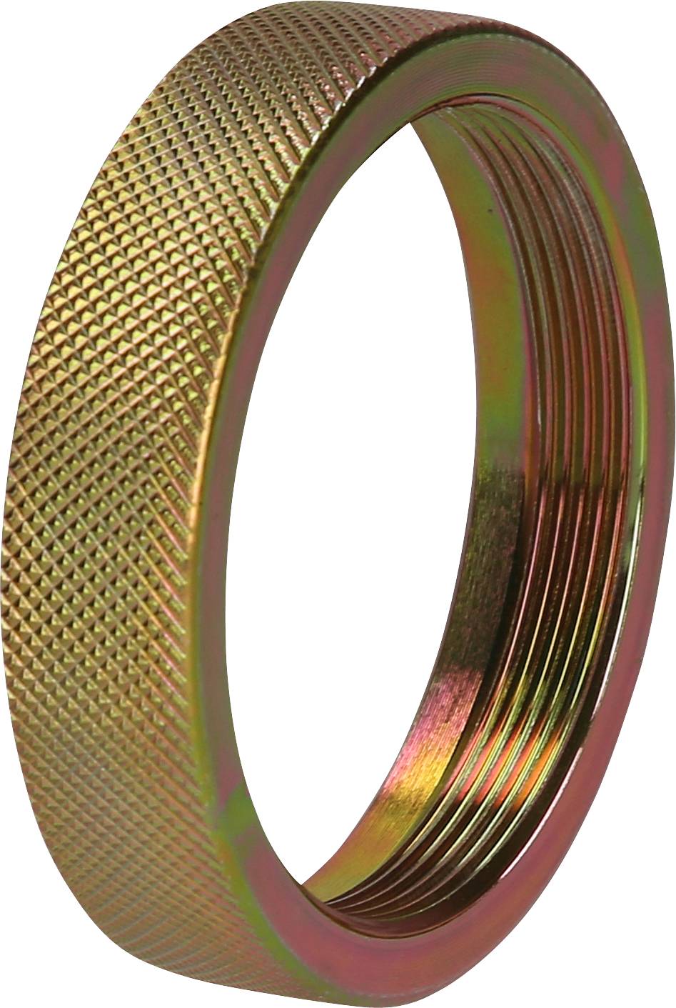 Metallring mit geriffelter Oberfläche, goldfarben, hohl, innen mit Gewinde.