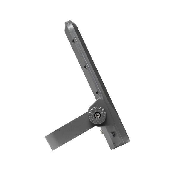 Ein grauer Metallständer mit einem Winkel-Scharnier, das in einem festen Winkel eingestellt ist.