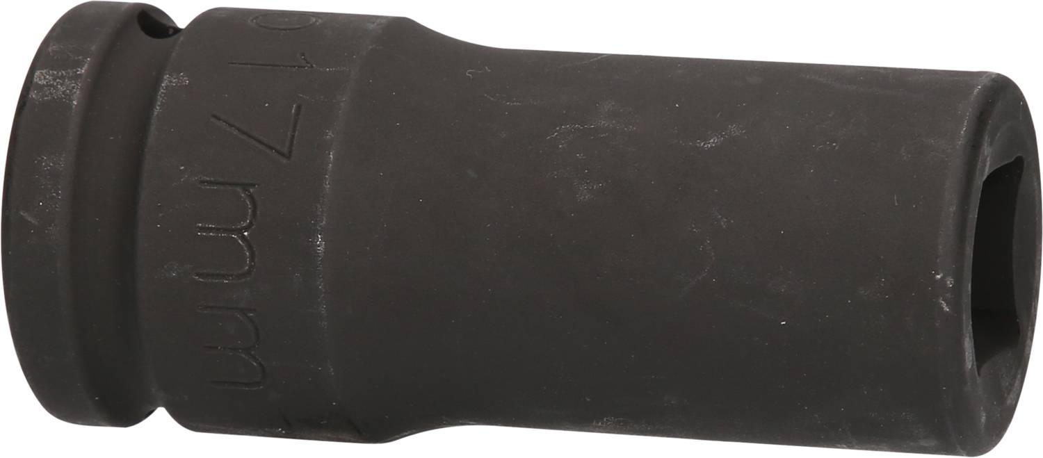 Ein schwarzer, zylinderförmiger Steckschlüsseleinsatz mit Prägung '17 mm' an der Seite. Geeignet für mechanische Arbeiten.