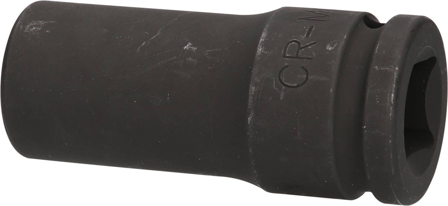 Eine schwarze Stecknuss, vermutlich aus CR-MO Stahl, wird gezeigt. Sie hat eine sechseckige Öffnung und ist für Schraubarbeiten gedacht.