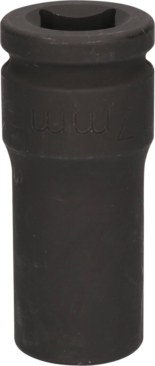 Eine schwarze Stecknuss aus Metall mit der Aufschrift '17 mm', wahrscheinlich für den Einsatz mit einem Werkzeug wie einem Schraubenschlüssel.