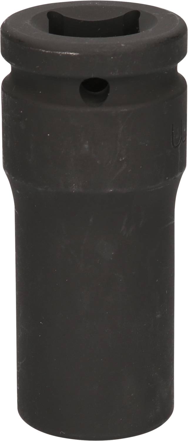 Schwarze Werkzeugnuss mit sechseckiger Öffnung und glatter Oberfläche. Sie dient als Aufsatz für Schraubenschlüssel oder Drehmomentschlüssel.