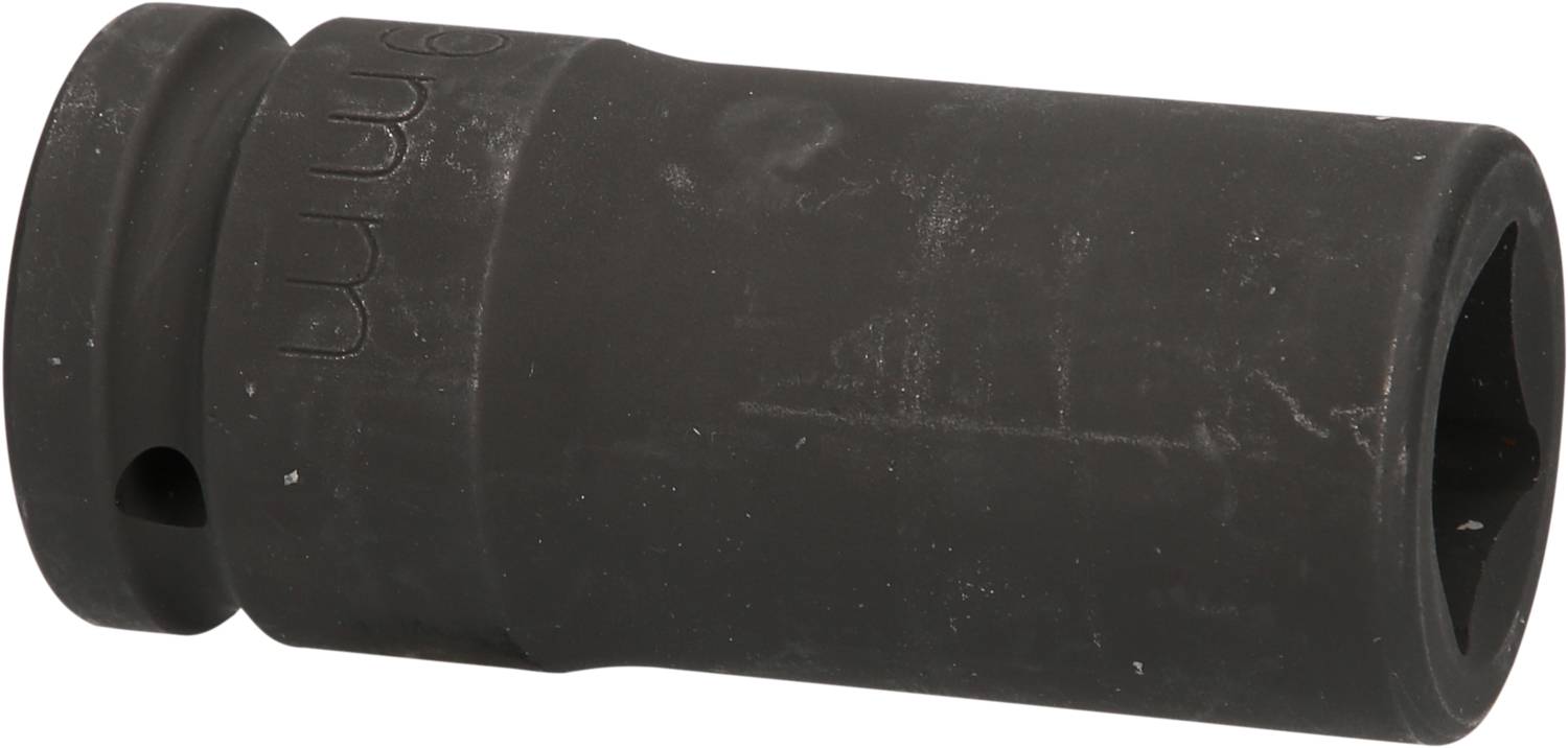 Schwarze Stecknuss mit Sechskant-Profil und angebrachten Markierungen, geeignet für den Einsatz mit Schraubenschlüsseln oder Ratschen.