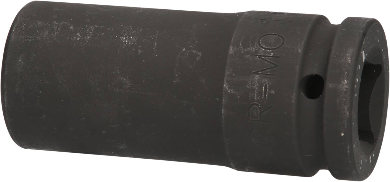 Ein schwarzer Steckschlüsselaufsatz aus Metall mit hexagonalem Ende, auf dem 'CR-MO' eingraviert ist. Geeignet für mechanische Anwendungen.