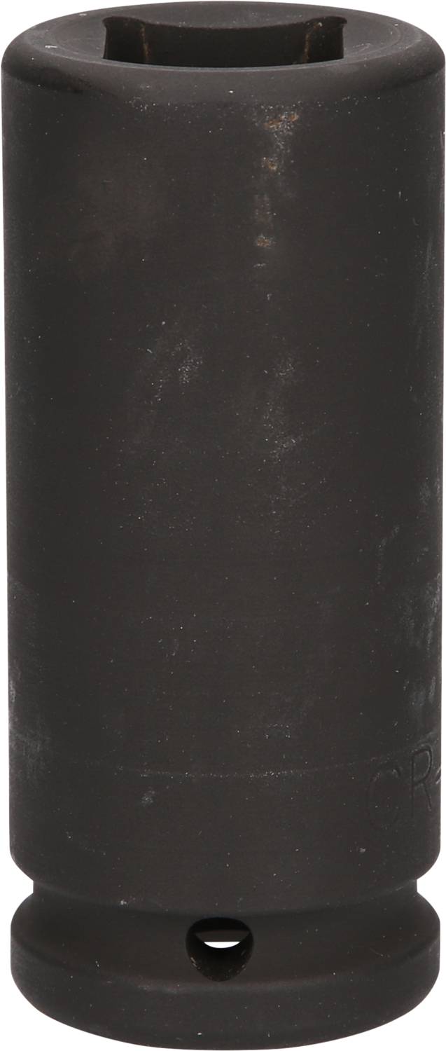 Eine schwarze Stecknuss aus Metall, zylindrisch mit sechskantiger Öffnung, verwendet für Schraubenschlüssel oder Ratschen.