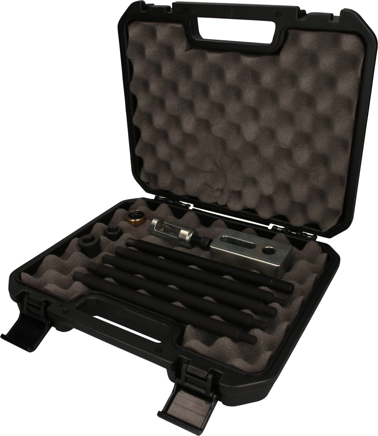 Schwarzer Werkzeugkoffer mit geformtem Schaumstoff-Inlay, enthält verschiedene Metallwerkzeuge und Stangen, geöffnet auf einer Fläche.