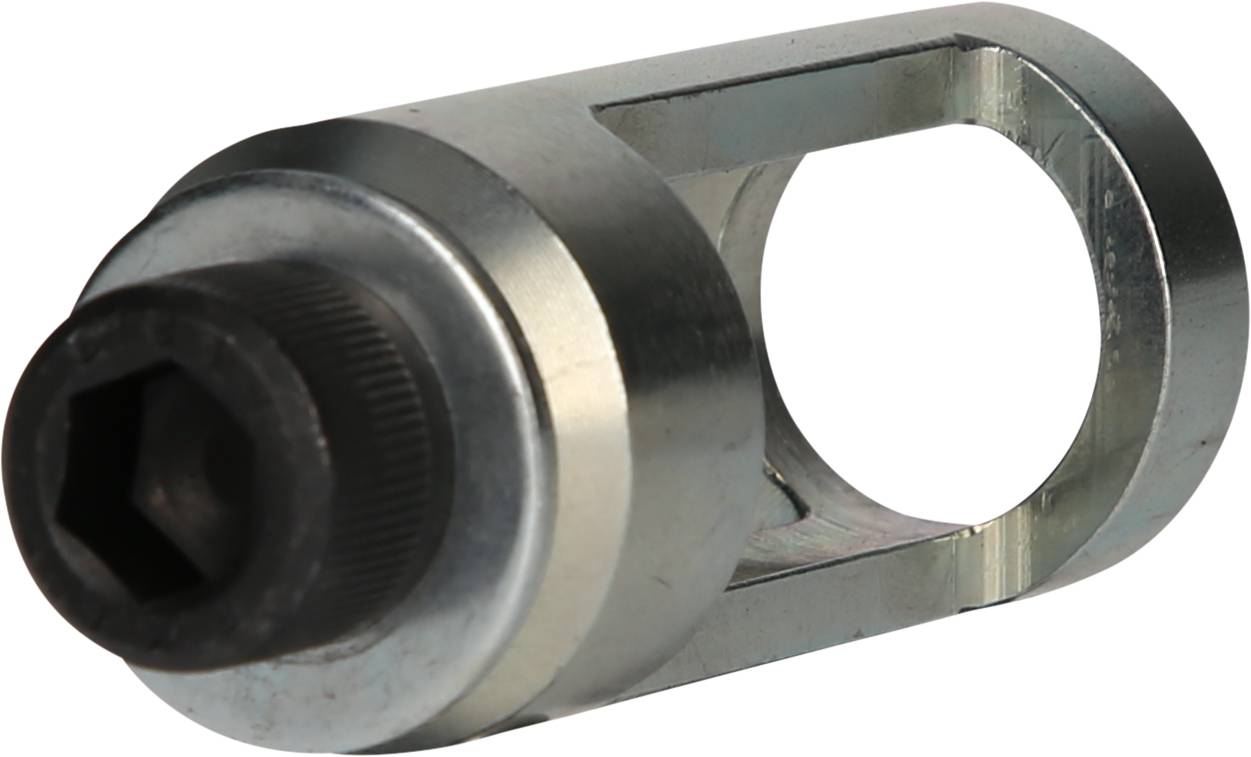 Ein silbernes Metallwerkzeug mit zylindrischem Ende und rechteckigem Hohlraum, möglicherweise ein spezieller Schraubenschlüssel.