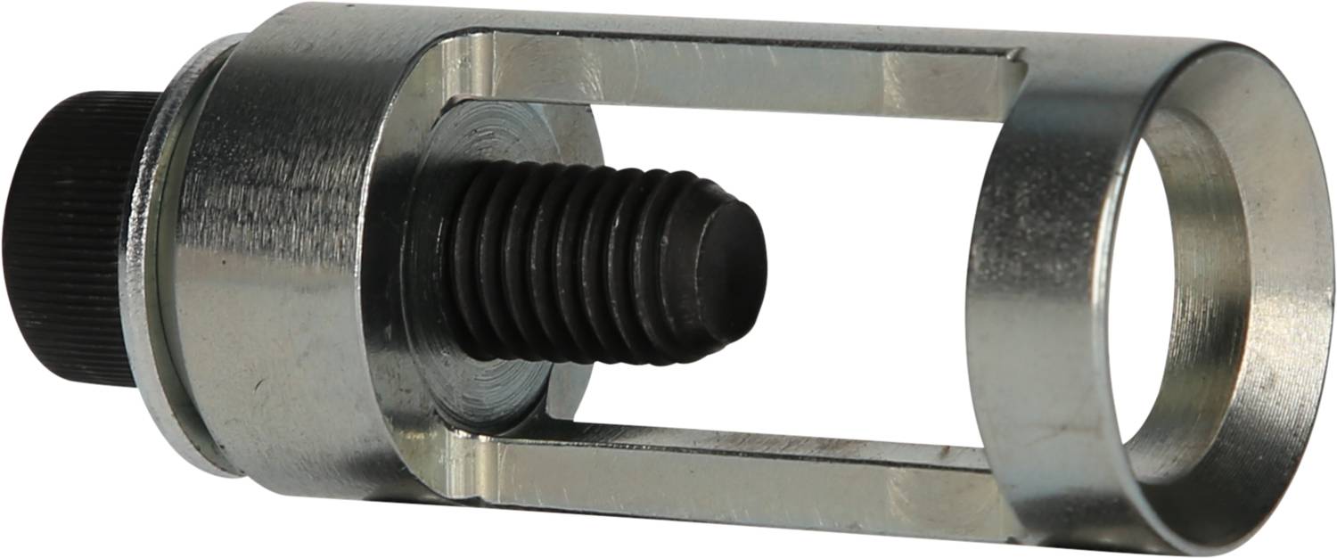 Metallisches, zylinderförmiges Werkzeug mit offenem Rahmen und zentraler Schraube, vermutlich für mechanische Anwendungen geeignet.
