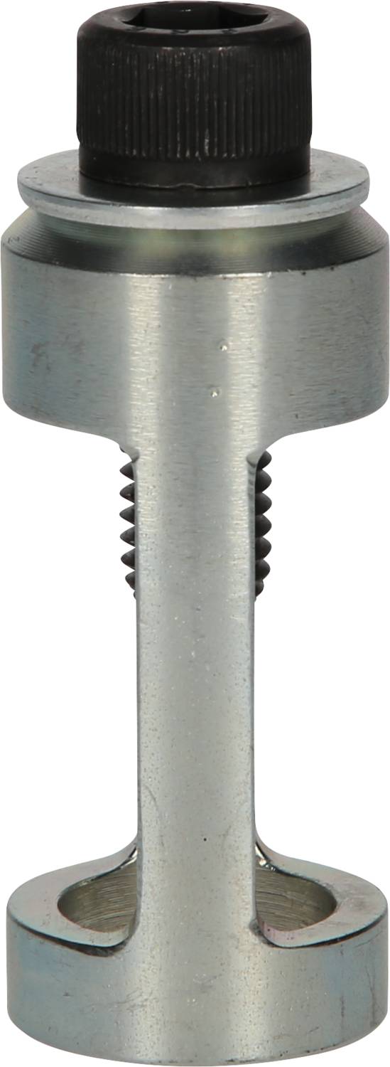 Metallischer Rohrverbinder mit Schraube oben; wird genutzt, um zwei Röhren stabil miteinander zu verbinden.